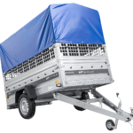 Einachsanhänger 230×125 UNITRAILER FORCE 230 KIPP mit Gitterseitenwänden, H-0-Rahmen und blauer Plane – 80 cm breite blaue plane
