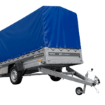 Einachsiger Anhänger mit Blattfedern 264×125 UNITRAILER FORCE 264/R KIPP mit H-1100 Spriegel und blauer Plane
