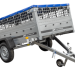 Pkw Transport Anhänger 230×125 Garden Trailer 230 KIPP mit Laubgitteraufsatz, blauer Flachplane, Planenträgern und Stützrad